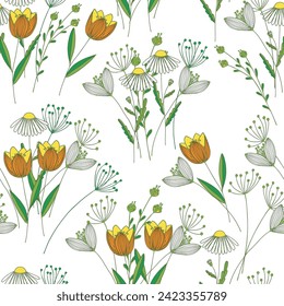 Flower summer. Vector seamless pattern with flower bouquets on a white background.