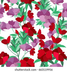 The flower summer with Violet Carnation and Red flower . Flower seamless pattern and background. Vector illustration.