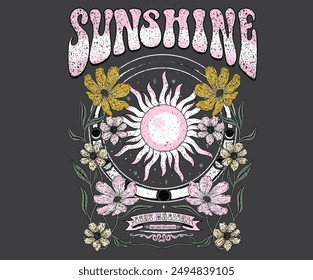 Flower with sun moon graphic print artwork. Stay wild. Floral artwork for t shirt print, poster, sticker, background and other uses. Sunshine, stay magical artwork.