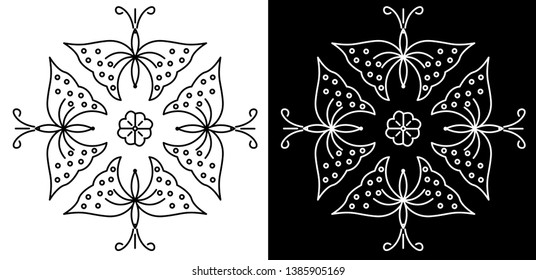 Flower surrounded by Butterflies - Indian Traditional and Cultural Rangoli, Alpona, Kolam or Paisley vector line art with dark and white background