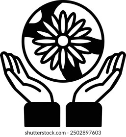 A flower is surrounded by two hands. The flower is a symbol of life and the hands represent protection and care. The image conveys a message of nurturing and preserving the natural world