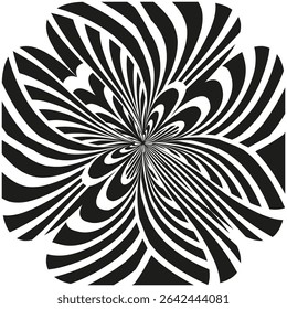 Flower swirl icon. Radial petal shape. Vector illusion figure. Black vortex form.