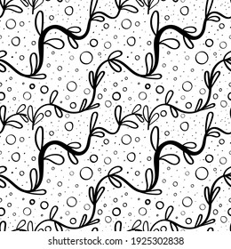 flower swirl line with bubbles seamless vector pattern. black and white line