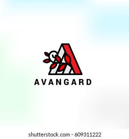 Flower symbol form of the letter A. Vector logo pyramid with protruding branches and leaves.