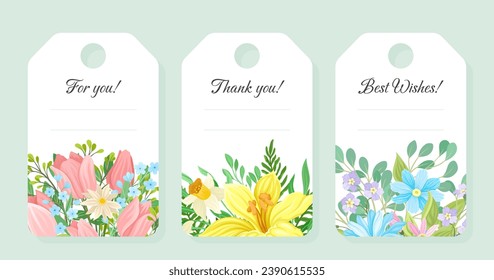 Flower Tag Design with Lush Blooming Flora Vector Template