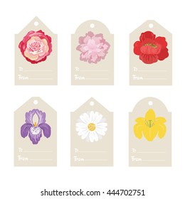 Flower tags with rose, peony, poppy, daisy, lily,flower-de-luce 