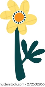 Blume mit hohem Stiel, rundem Zentrum, gepunktetem Ring und fünf Blütenblättern in fett gedruckter Form. Symbol für Wachstum, Natur und Frische, ideal für Frühlingsthemen. Cartoon, Vektorgrafik.
