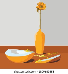 Una flor en un jarrón alto. Melón sobre la mesa. Gráficos de material vectorial.