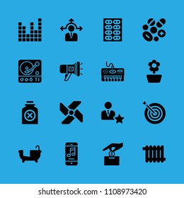 flower, target, pills, smartphone, poison, sound bars, heater, piano and megaphone vector icon. Simple icons set