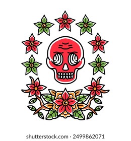 Tatuaje de la flor con la ilustración de la cabeza del cráneo. Diseño dibujado a mano tradicional del Vector
