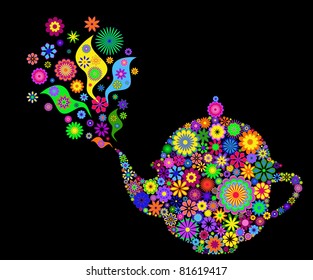 Flower teapot isolated on black backgrounds