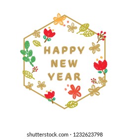 Flower template card vector. Happy New Year background. Hand drawn Floral frame decoration.