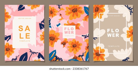 Flower template set for poster, card, cover, label, banner in modern minimalist style and simple summer design templates with florals and plants.
