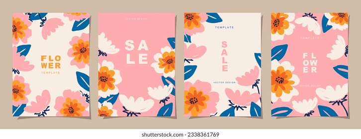 Flower template set for poster, card, cover, label, banner in modern minimalist style and simple summer design templates with florals and plants.