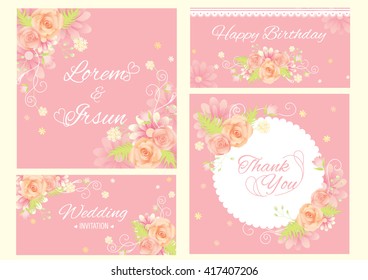 Flower template sweet card design vector for invitation, thank you, happy birthday, and greeting .Pink background and pastel colors