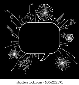 Flower textbox frame. Frame with flowers, plants, grass, fern. Stylized black and white drawing. Isolated on black background