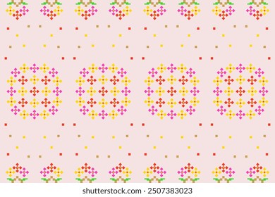 Flower textile seamless cross stitch pixel pattern , Design for fabric, Clothes, Curtain, Carpet, Scarf, Wrap, Handcraft,  Wallpaper, Background and Vector illustration