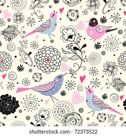 Textura floral con pájaros azules