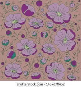 
Flower texture. Color image of buds, flowers, stems and leaves. Vector illustration.