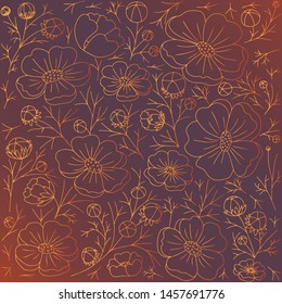 
Flower texture. Contour image of buds, flowers, stems and leaves. The contour is made of a gold gradient. Background dark gradient. Vector illustration.
