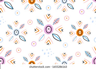 Flower texture. Creative doodle art seamless pattern with different shapes. Figure tribal embroidery. Indian, Scandinavian, Gypsy, Mexican, folk pattern. Colorful background for printing brochure.