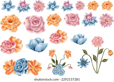 textura de flores aislado rosa verde decoración vintage conjunto jardín de verano vector rústico colorido 