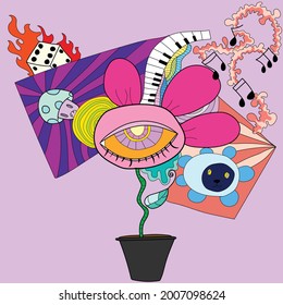 a flower that lives in a pot with one eye. with doodle background