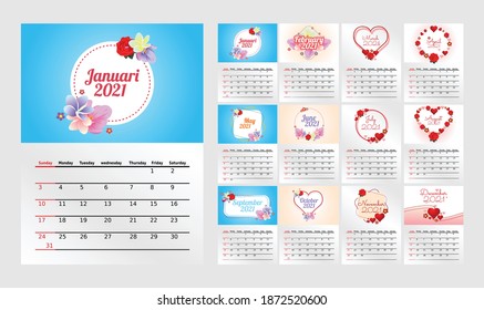Flower Themes Calendar 2021 Vector Illustration