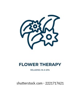 Icono de terapia de flores. Ilustración vectorial lineal de relajación en una colección de spa. Esquema del vector del icono de terapia de flores. Símbolo de línea delgada para uso en aplicaciones web y móviles, logotipo, medios impresos.