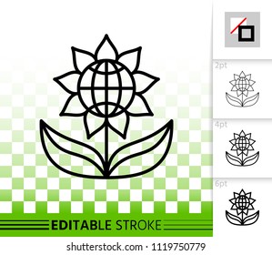 Flower thin line icon. Outline web sign of sunflower. Globe linear pictogram with different stroke width. Simple vector symbol, transparent background. Organic flower editable stroke icon without fill