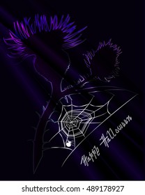 Flower of Thistle with web and spider. Color
