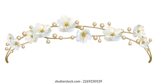 Flower tiara, flower crown of golden branches, pearls of white bright colors, for a wedding, holidays, celebrations for a beautiful girl