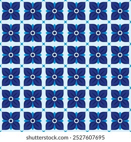 Flower Tile Pattern Vector Illustration. Talavera Pattern Design With Blue Color