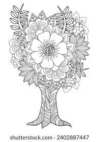 Flower tree coloring pages,Art therapy coloring page. Vector black and white coloring page for coloring book. Leaves and flowers in monochrome colors.