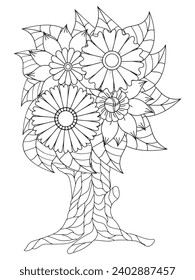 Flower tree coloring pages,Art therapy coloring page. Vector black and white coloring page for coloring book. Leaves and flowers in monochrome colors.