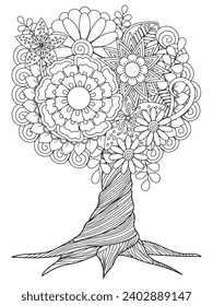 Páginas de coloración de árboles de flores, página de coloración de terapia artística. Página de coloreo vectorial en blanco y negro para libro de coloreo. Hojas y flores en colores monocromos.