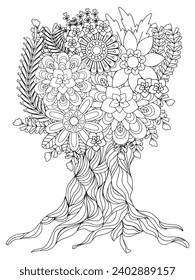 Flower tree coloring pages,Art therapy coloring page. Vector black and white coloring page for coloring book. Leaves and flowers in monochrome colors.