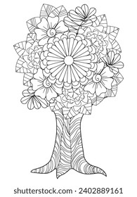 Páginas de coloración de árboles de flores, página de coloración de terapia artística. Página de coloreo vectorial en blanco y negro para libro de coloreo. Hojas y flores en colores monocromos.