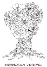 Flower tree coloring pages,Art therapy coloring page. Vector black and white coloring page for coloring book. Leaves and flowers in monochrome colors.