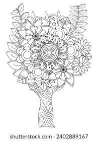 Blumenblättern, Kunsttherapie-Farbseiten. Vektorschwarz-weiße Farbseite zum Färben des Buches. Blätter und Blumen in einfarbigen Farben.