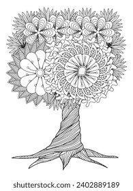 Flower tree coloring pages,Art therapy coloring page. Vector black and white coloring page for coloring book. Leaves and flowers in monochrome colors.