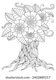 Flower tree coloring pages,Art therapy coloring page. Vector black and white coloring page for coloring book. Leaves and flowers in monochrome colors.