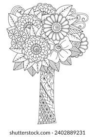 Páginas de coloración de árboles de flores, página de coloración de terapia artística. Página de coloreo vectorial en blanco y negro para libro de coloreo. Hojas y flores en colores monocromos.