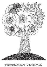 Flower tree coloring pages,Art therapy coloring page. Vector black and white coloring page for coloring book. Leaves and flowers in monochrome colors.