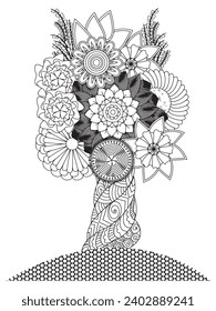 Flower tree coloring pages,Art therapy coloring page. Vector black and white coloring page for coloring book. Leaves and flowers in monochrome colors.