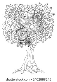 Flower tree coloring pages,Art therapy coloring page. Vector black and white coloring page for coloring book. Leaves and flowers in monochrome colors.