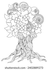 Flower tree coloring pages,Art therapy coloring page. Vector black and white coloring page for coloring book. Leaves and flowers in monochrome colors.