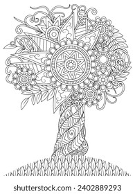 Flower tree coloring pages,Art therapy coloring page. Vector black and white coloring page for coloring book. Leaves and flowers in monochrome colors.