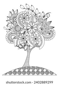 Flower tree coloring pages,Art therapy coloring page. Vector black and white coloring page for coloring book. Leaves and flowers in monochrome colors.