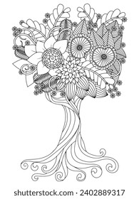 Flower tree coloring pages,Art therapy coloring page. Vector black and white coloring page for coloring book. Leaves and flowers in monochrome colors.